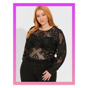 NWT Torrid 2X Deep Black Mesh With Embroidery Long Sleeve Blouse Size 18-20